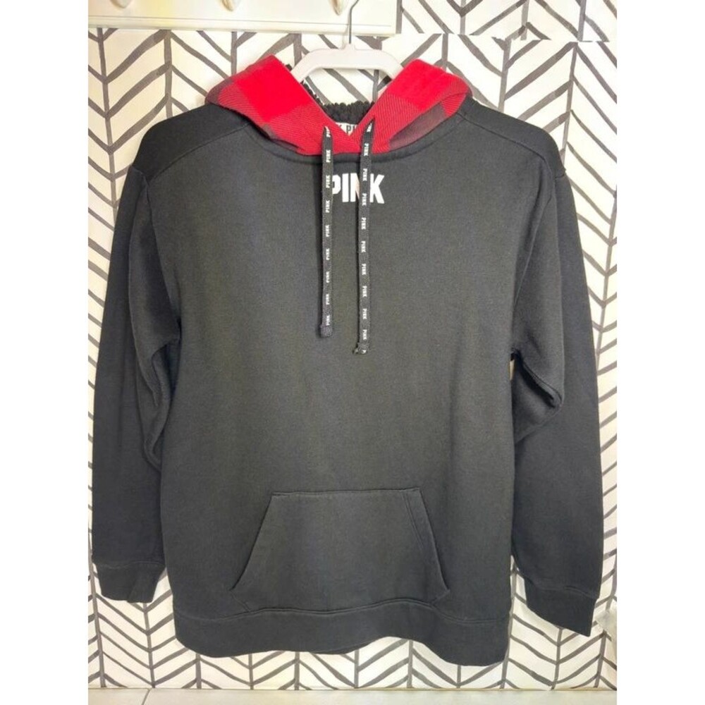 Victoriaโs Secret PINK Black Red Plaid Hoodie Womenโs XS 7131